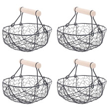 4X Wooden Handle Metal Retro Basket Portable Multi-Function Vegetable Fruit Egg Groceries Practical Storage Basket Black