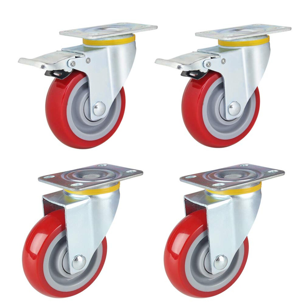 3 Inch Swivel Caster Wheels With Brakes, Heavy Duty Polyurethane 4 Pack For Carts And Workbenches 9092120616057