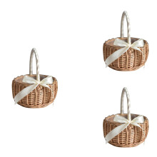 3X Wicker Woven Flower Basket, with Handle and White Ribbon, Wedding Flower Girl Baskets, for Home Garden Decoration(L)