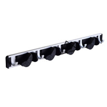 Large Black Aluminum Broom Holder Wall Mount with Hooks, Space Saving Garage and Garden Organizer