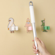 Broom Mop Holder Set 3pcs Self Adhesive Wall Mounted Tool Organizer with Cartoon Animal Clips for Bathroom Kitchen Garage