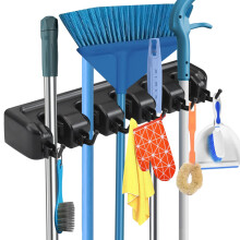 Broom Holder Wall Mounted Organizer with 5 Slots and 6 Hooks, SpaceSaving Storage Rack for Garage Kitchen Black