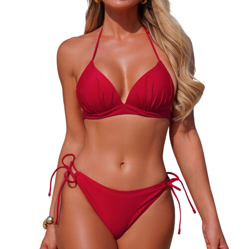 Women's 2 Piece Swimsuit Halter String Bikini Adjustable-Red S