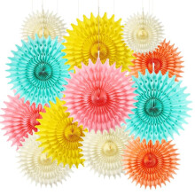 12Pack Colourful Paper Fan Set, Green, Yellow, Peach Paper Fan Decoration for Party Decoration, Children, Birthday