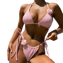 Women's Two Piece Bikini Set 3D Rose Ruched Halter-Pink M