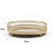 Golden Iron Jewelry Storage Tray Glass Mirror Makeup Manager Desktop Cosmetic Dessert Decorative Display Tray 25Cm