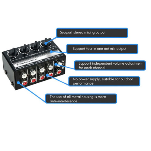 2X 4 Channel Stereo Audio Mixer Support RCA Input and Output  Passive Stereo Mixer with Separate Volume Controls 2