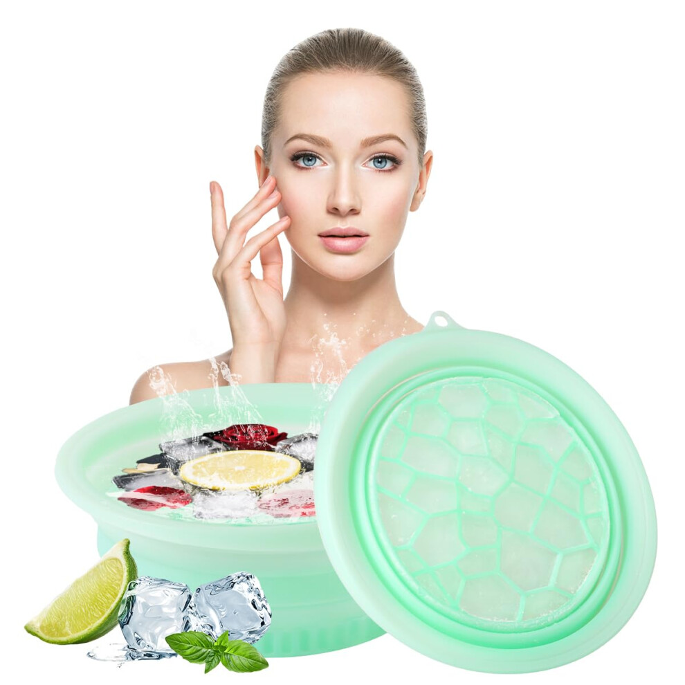 Green Facial Ice Bowl With Builtin Ice Tray For Skin Tightening Puffiness Relief Foldable Silicone