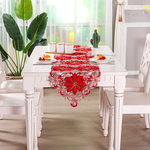2X Christmas Embroidered Table Runner,Hollow-Out Tea Tablecloth,15X70 Inch 2