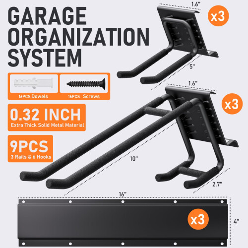 48 Inch Heavy Duty Garage Tool Organizer Wall Mount Rack with Adjustable Hooks for Yard Tools 1