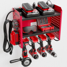 Power Tool Organizer Wall Mount with Charging Power Strip, Heavy Duty Garage Storage Rack with Pegboard and Drill Holder