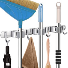 Stainless Steel Broom and Mop Holder, Heavy Duty Wall Mounted Tool Organizer with 3 Racks and 4 Hooks for Kitchen Bathroom Garage