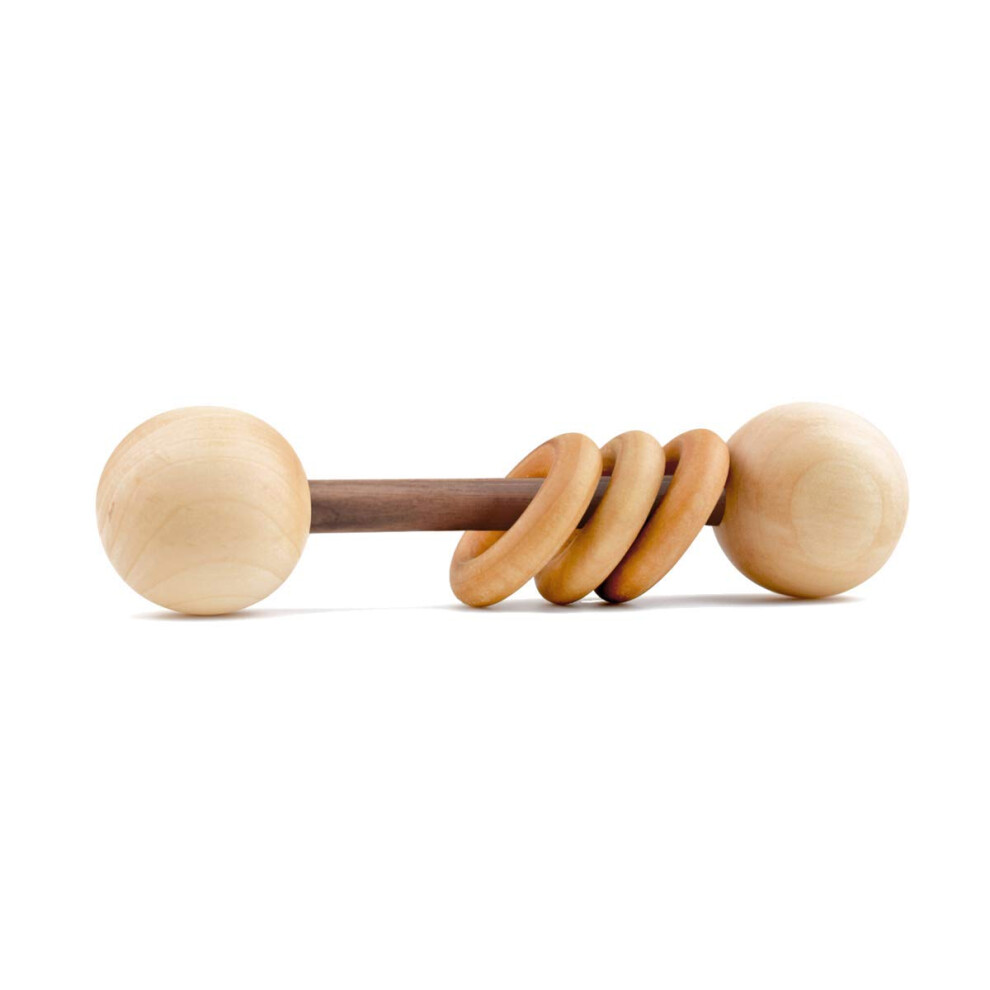 Wooden Baby Teether and Montessori Baby Rattle, Organic Handmade Toy with Ergonomic Grip for Babies