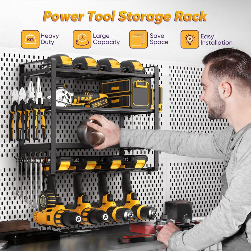 Power Tool Organizer with Heavy Duty Drill Holder, Wall Mounted Garage Rack for Cordless Tools 1