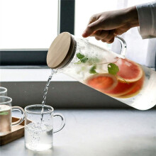 2X 1.7L Glass Water Pitcher with Handle Bamboo Lid Heat Resistant Cold Hot Kettle Capacity Tea Pitcher Water Juice Jug
