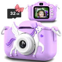 Kids Digital Camera 1080P Full HD Video 32GB Memory AntiDrop Silicone Unicorn Purple Gift for Children