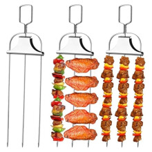 3 Stück 3-Zackige Schaschlikspieße Aus Edelstahl zum Grillen mit Schieber, für Fleisch, Hühnchen, Würstchen, Gemüse, Garnelen