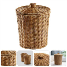 2X Woven Basket Trash Can Round Rattan Waste Basket with Lid Planter Woven Storage Baskets Wicker Garbage Bin