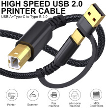 USB-B to USB-C/A Printer Cable Plug and ,Nylon Braided Cord for Printers Digital Piano MIDI Controllers