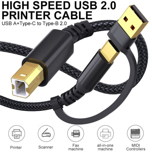 USB-B to USB-C/A Printer Cable Plug and ,Nylon Braided Cord for Printers Digital Piano MIDI Controllers