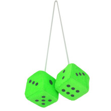 Car Mirror Dice Pair, 3 Inch Green Fuzzy Plush with Black Dots, Retro Hanging Car Ornament