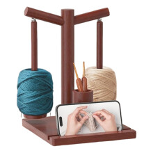 Wooden Yarn Holder with Magnetic Rotating Spinner, Dual Spindles and Phone Stand for Knitting and Crocheting
