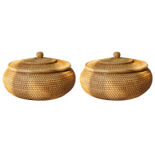 2X Runde Rattan-Box, Weiden-Obstkorb mit Deckel Brotkorb-Tablett-Aufbewahrungskorb Weiden-Gewebe-Korb für Brot, Snack