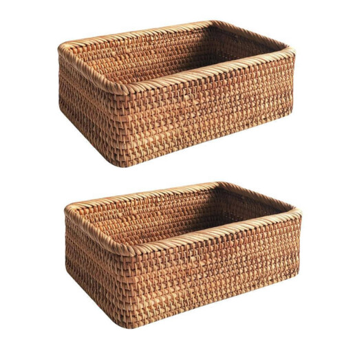 2X Hand-Woven Rectangular Rattan Wicker Basket Fruit Tea Snack Bread Picnic Cosmetic Box Kitchen Household Tools-L