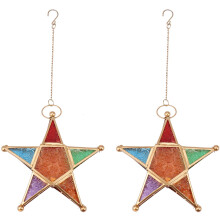 2X Multicolour Vetro Star Votive Tea Light Portacandele Illuminazione A Sospensione Lanterna