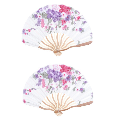 2X Bamboo Flower Printed Japanese Style Foldable Hand Held Fan Gift Decor
