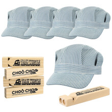Train Conductor Hat and Wooden Train Whistle Set for Kids Party, Adjustable Fit, Clear Train Sound