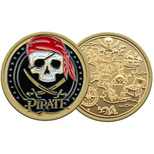 Pirate Challenge Coin with Treasure Map Design, Skull and Swords Collectible, Durable Metal Adventure Token