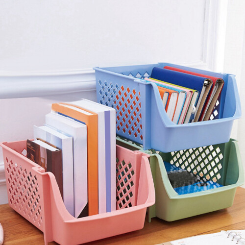 2X Stackable Plastic Basket Kitchen Storage Basket Fruit & Vegetable Plastic Storage Basket Plastic Storage Rack(Beige) 1
