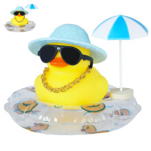 Funny Car Dashboard Duck Ornament with Blue Hat, Sunglasses, Gold Chain, Swim Ring and Umbrella – DIY Gangster Rubber Duck Decoration