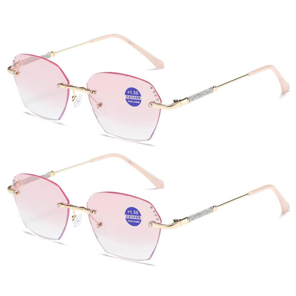 Pink/Gold/Light 2 Pack Gradient Rimless Reading Glasses +1.50 Frame Antiblue Protection For Women