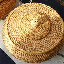 2X Round Rattan Box,Wicker Fruit Basket with Lid Bread Basket Tray Storage Basket Willow Woven Basket for Bread, Snack