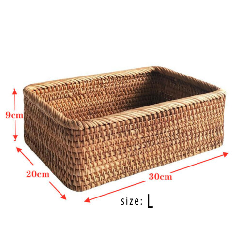 2X Hand-Woven Rectangular Rattan Wicker Basket Fruit Tea Snack Bread Picnic Cosmetic Box Kitchen Household Tools-L 2