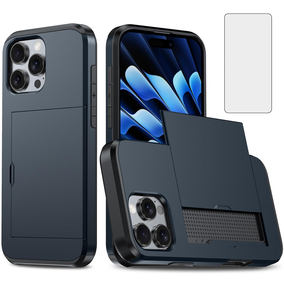 Wallet Case With Hidden Card Holder And Tempered Glass Screen Protector, 2 In 1 Hybrid Protection Navy For Iphone 16 Pro Blue 9073542682608