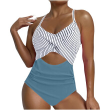 Women's blocked  cutout strap swimsuit-Blue L
