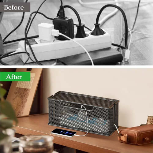 Cable Management Box, Desk Organizer for Cords, USB Hub System, Metal Mesh Cord Holder