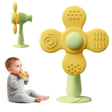 Baby Teething Toy Windmill 2in1 Silicone Teether and Rattle, BPA Infant Sensory Teether with Suction Base, Green