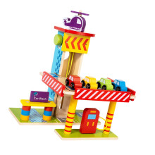 Wooden Parking Garage Toy for Kids ThreeLevel Playset with Cars Helicopter and Gas Station