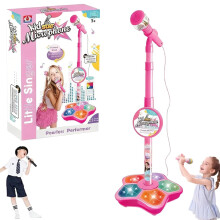 Pink Kids Karaoke Machine with Flashing LED Lights, Microphone and Adjustable Stand for Girls