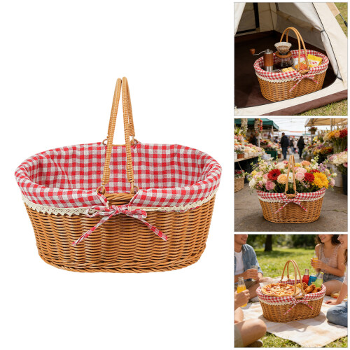 Woven Picnic Basket With Checkered Lining And Top Handle For 1