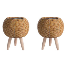 2X Imitation Rattan Woven Flower Shelf Planters Handmade Storage Basket with Wooden Legs Plant Pot Stand Holder,A