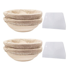 Round Set,4 Yeast Baskets for Bread and Bread Dough, Banneton Proofing Basket with Linen Inserts,Dough Scraper Set Round