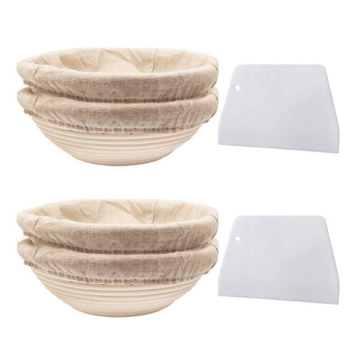 Round Set,4 Yeast Baskets for Bread and Bread Dough, Banneton Proofing Basket with Linen Inserts,Dough Scraper Set Round
