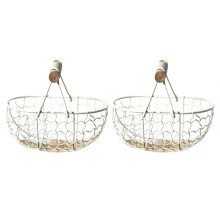 4X Holzgriff Metall Retro Korb Tragbar Multifunktions Gemüse Obst Ei Lebensmittel Praktisch Ablagekorb Organizer Weiß