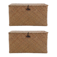 2X Handgemachte Stroh Gewebt Ablage Korb mit Deckel Make Veranstalter Aufbewahrung Box Algen Wäsche Körbe Rattan Schmuck Schatulle (M)