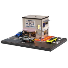 1:64 Scale Japanese Street Corner Diorama with LED Lights, Realistic City Building and Parking Lot for Diecast Cars